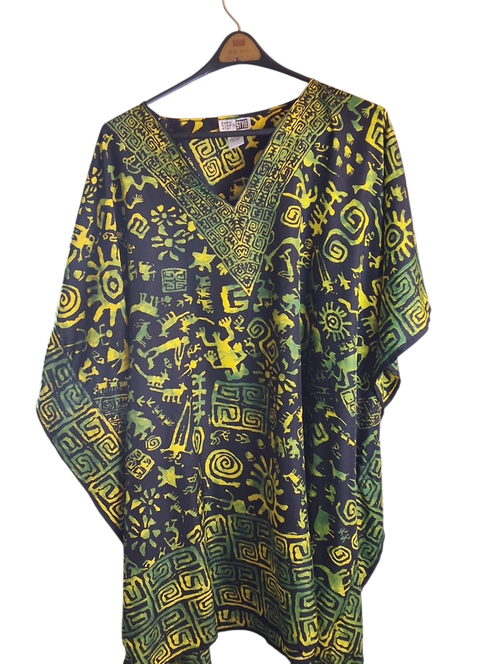 Green & Yellow Printed V-Neck Kaftan/Coverup